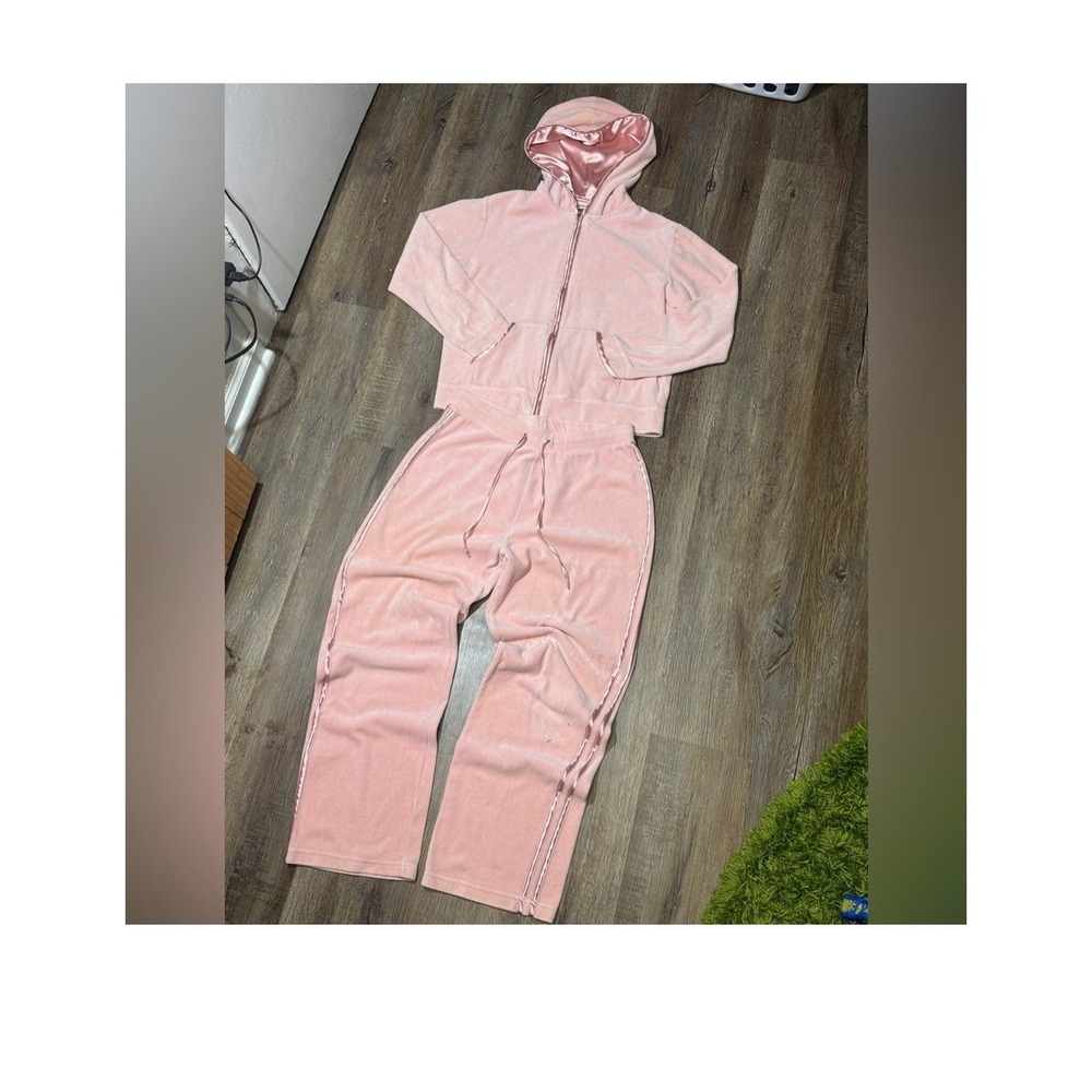 St Johns Bay Pink Velour Tracksuit Set Zip Hoodie & Wide Leg Pants Petite L/M